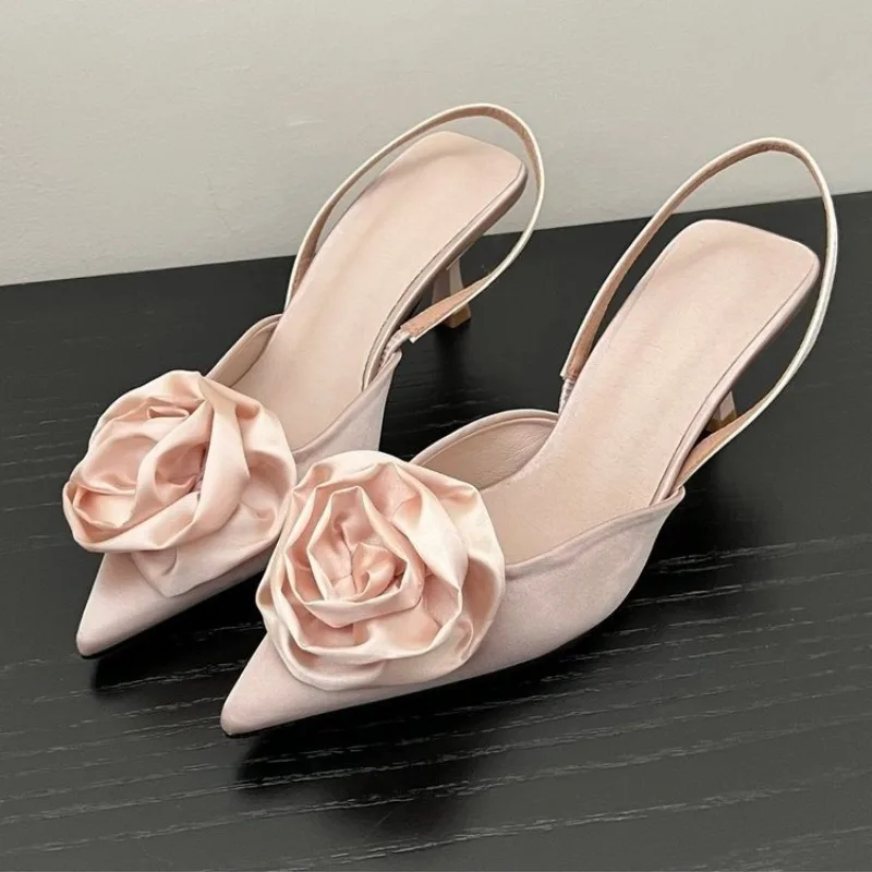 Elegant Woman Sandals High Heeled Sweet Rose Closed Toe Footwear 2024 Summer Slingback Pointed Fashion Dress Ladies Shoes