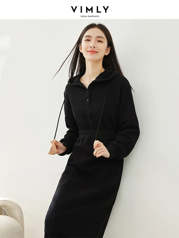 Vimly Black Hooded Sweatshirt Dresses for Women 2023 Winter Fleece Thicken Warm Straight Pockets Midi Dress Female Clothes M3715