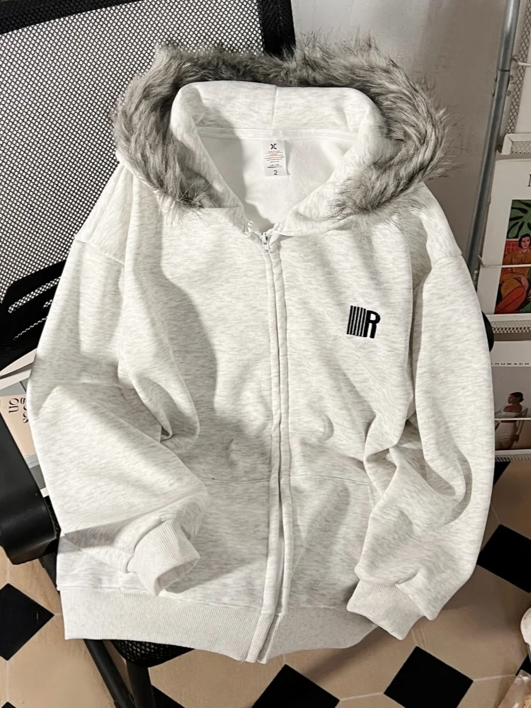

American High Street Embroidered Hoodie ex Spring Autumn Winter Lazy Sle High-End Feeling Fur Collar Jaet Trendy Top