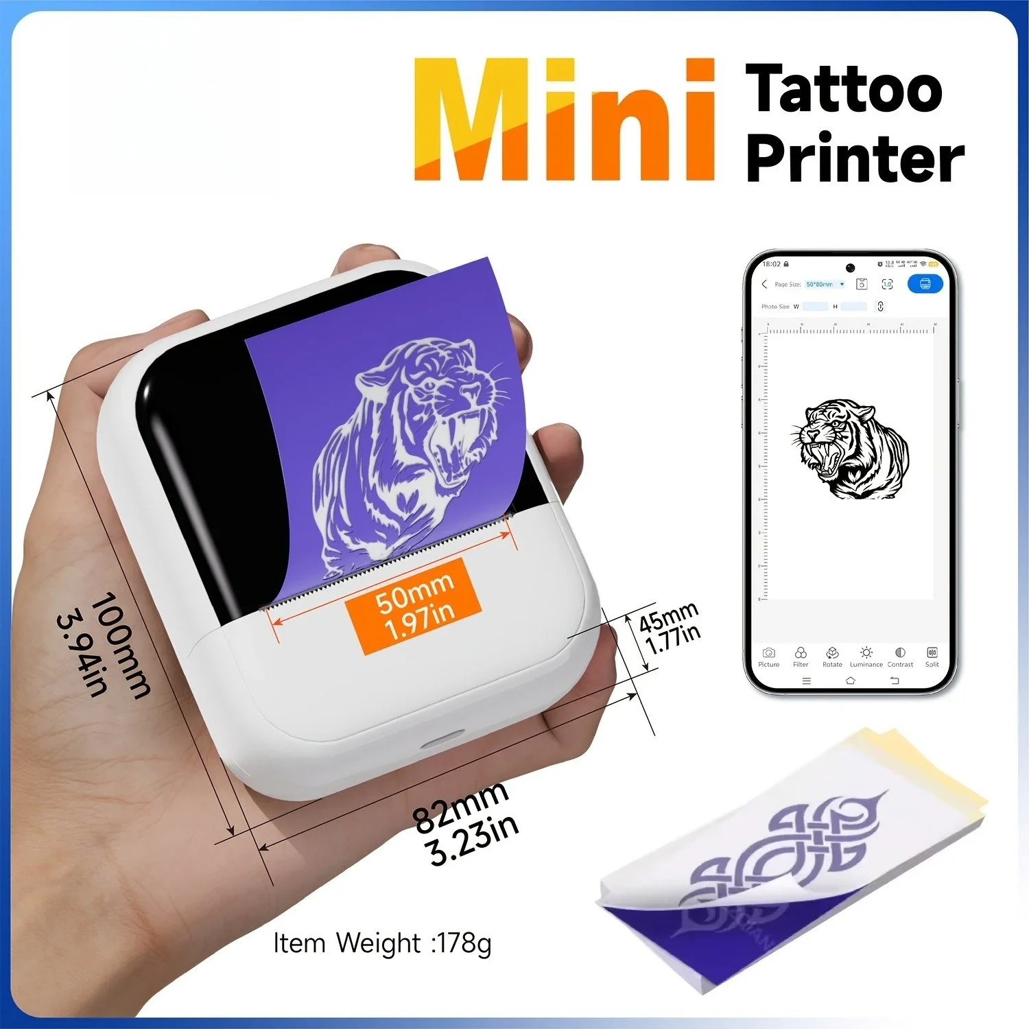 Mini Wireless Tattoo Stencil Printer Compact Thermal Tattoo Printing Device Includes 10/60/110 Sheets of Tattoo Transfer Paper