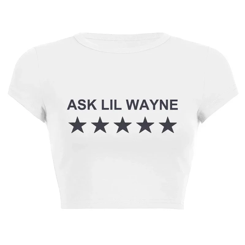 BWQ Y2K Słodki Damski Wielostylowy Wąski Krótki Top z Nadrukiem Liter i Gwiazd Casualowy Krótki Rękaw T-shirt Pikantna Dziewczyna Seksowna Moda Dekolt O