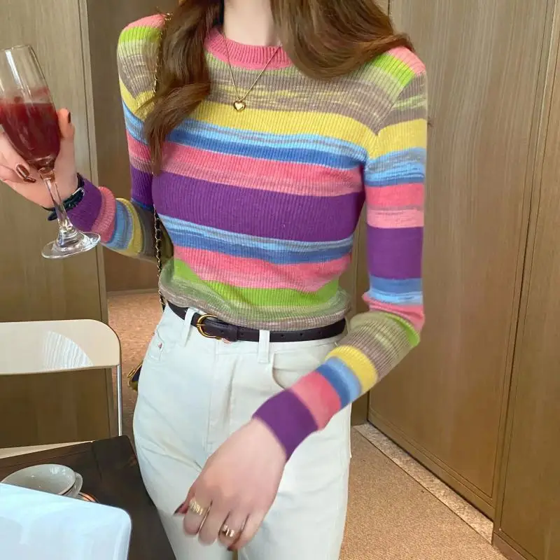 

Top Female Slim Spring Autumn Rainbow Striped New In Knitwears Women's Long Sleeve T-shirt Harajuku Fashion Trending Clothing