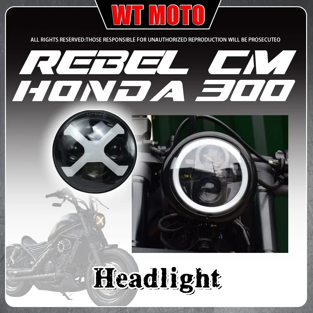 

For HONDA Rebel 300 CM300 angel eye retro round headlight assembly fence lampshade high and low beam 5.75 inch headlight