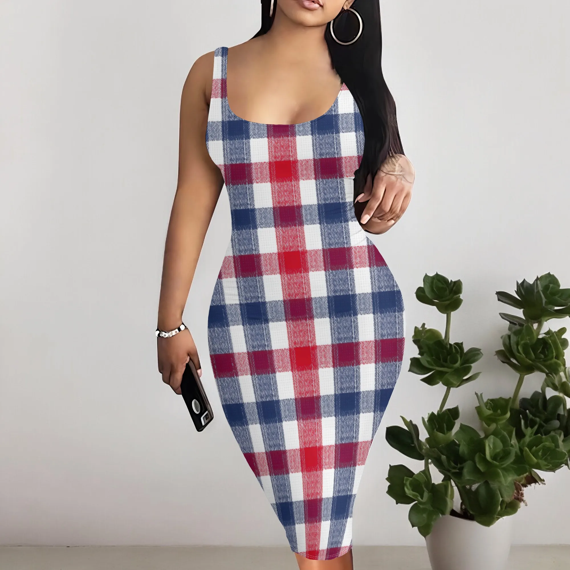 

Women’s Red Plaid Tank Dress S-3XL Sexy Bodycon Style for 4th of July BBQ & Holiday Vacation