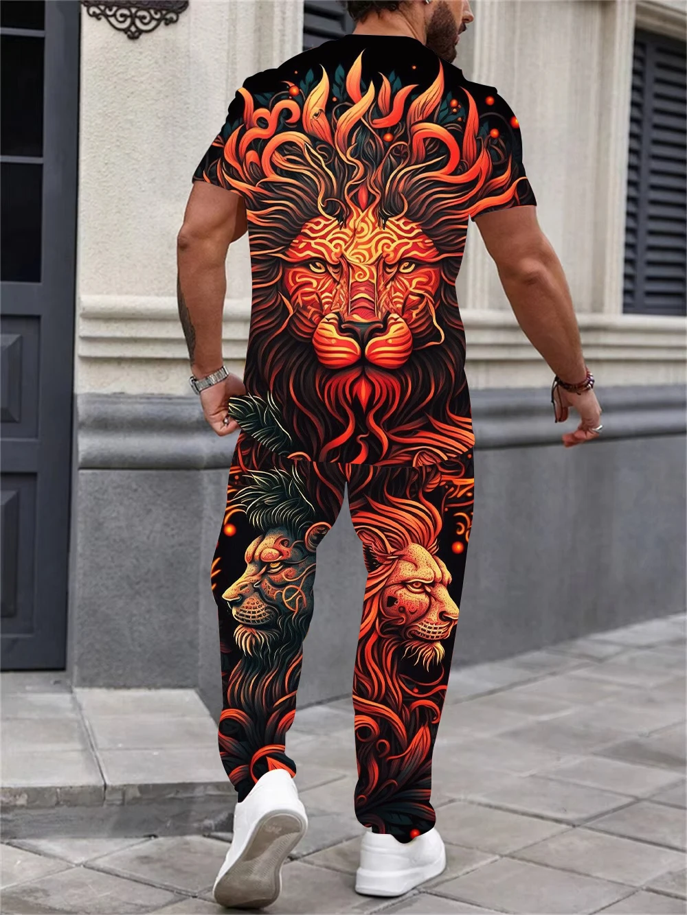 Mens Suit Round Neck Short Sleeve Long Pants Set Fierce Lion Print Personalized Trend Street Party Clothing Two Piece Suit