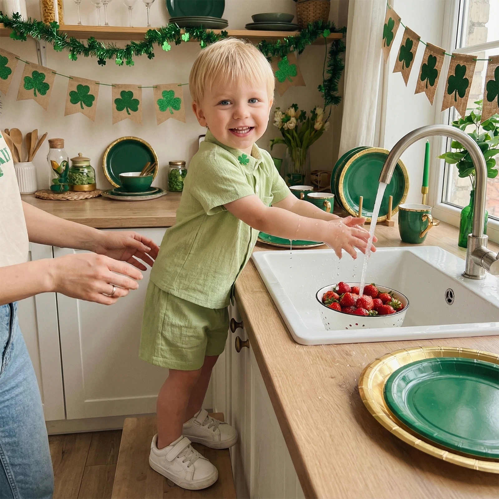 Kids Boys Shorts Set, Embroidery Shamrock Letters Short Sleeve Shirt with Shorts Holiday Summer Outfit
