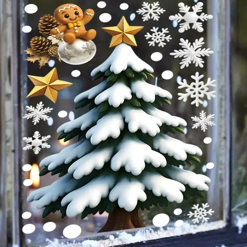 Christmas Snowflake Santa Claus Window Stickers Cartoon Xmas Tree Elk Bell Party Sticker New Year Party Festive Sticker Decor