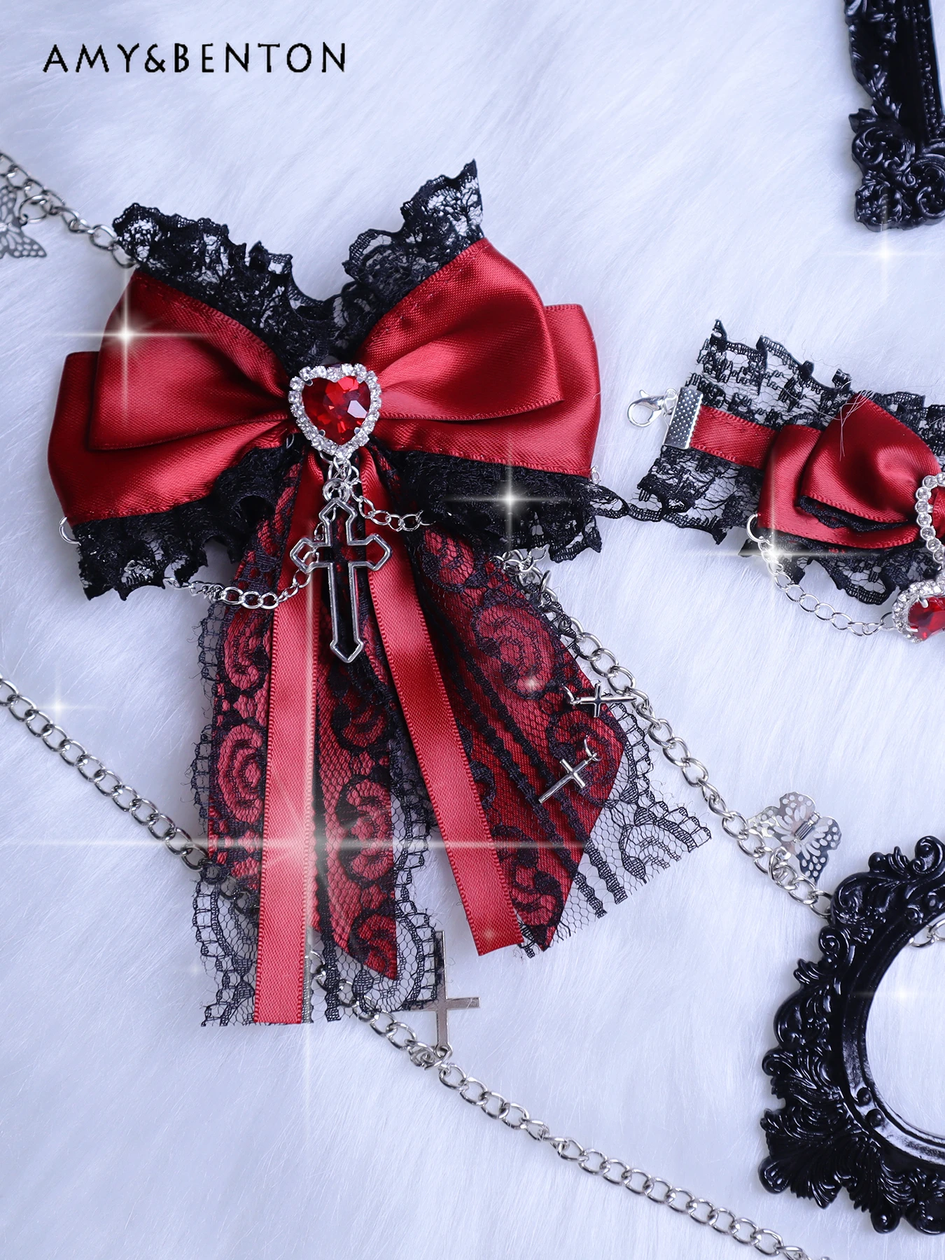 Handmade Japanese Mine Goth Cross Heart Rhinestone Lace Chain Bow Hair Clips Kawaii Hair Clips for Girls Lolita Hair Accessories