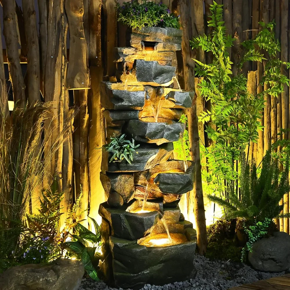 

58" H Outdoor Garden Water Fountain 6-Tiers Large Cascading Rock Natural Waterfall Fountain Outdoor Fountain With LED Lights