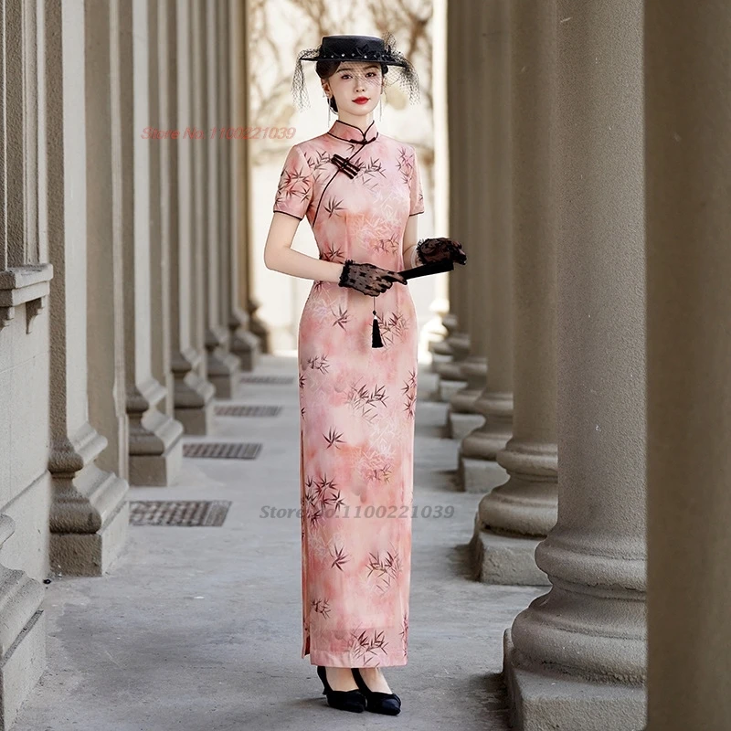 

2026 chinese vintage dress improved qipao national flower print formal cheongsam banquet evening dress stage performance dress