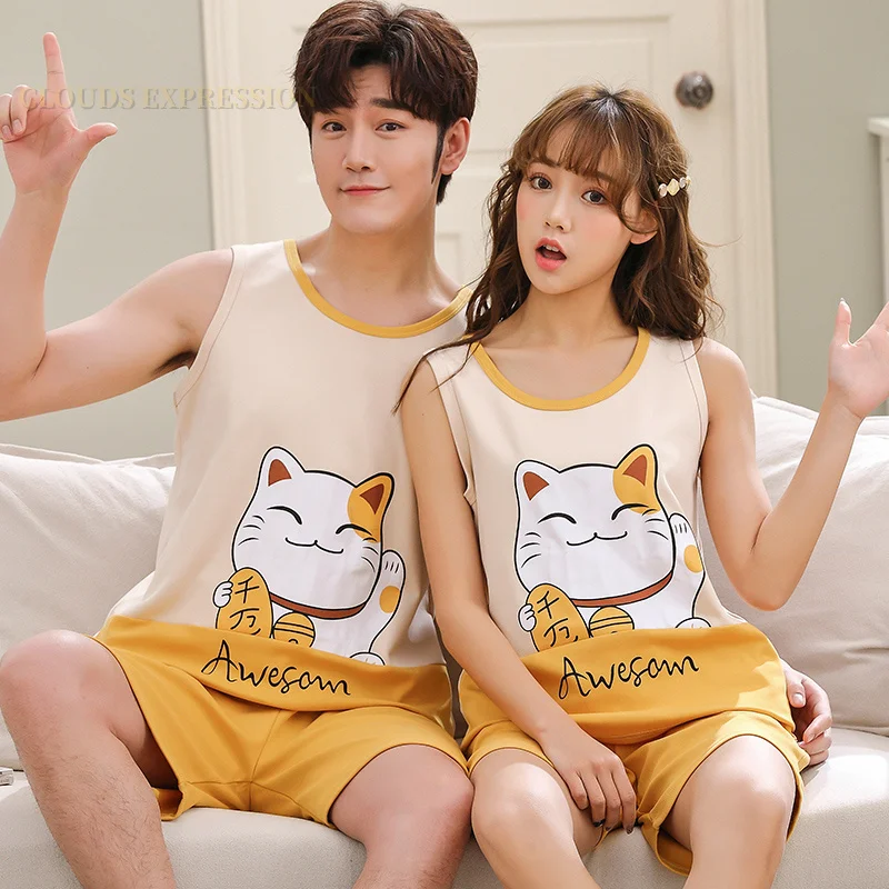 Summer Short Sleeved Sleepwear Casual Couple Pajama Sets For Women Men Cotton Cartoon Pajamas Pijama Pyjama Size 4XL Nightwear