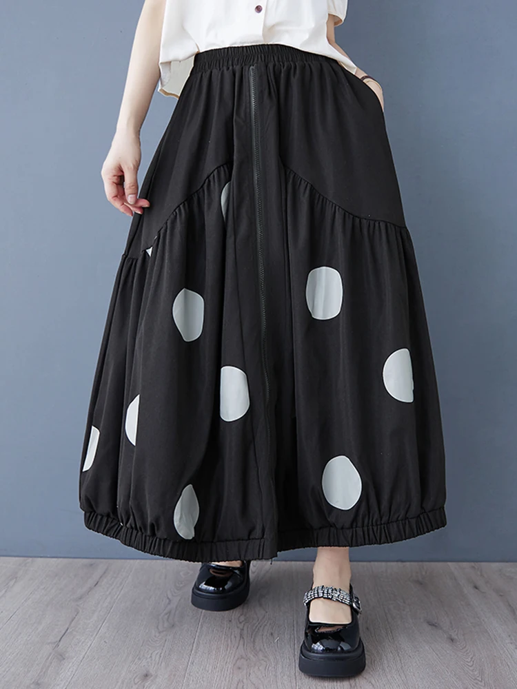 

Polka Dot Print Pleated Patchwork Lantern Skirt Zipper Elastic Waist Japanese Fashion Skirt Long Black Skirt 2025 New Spring