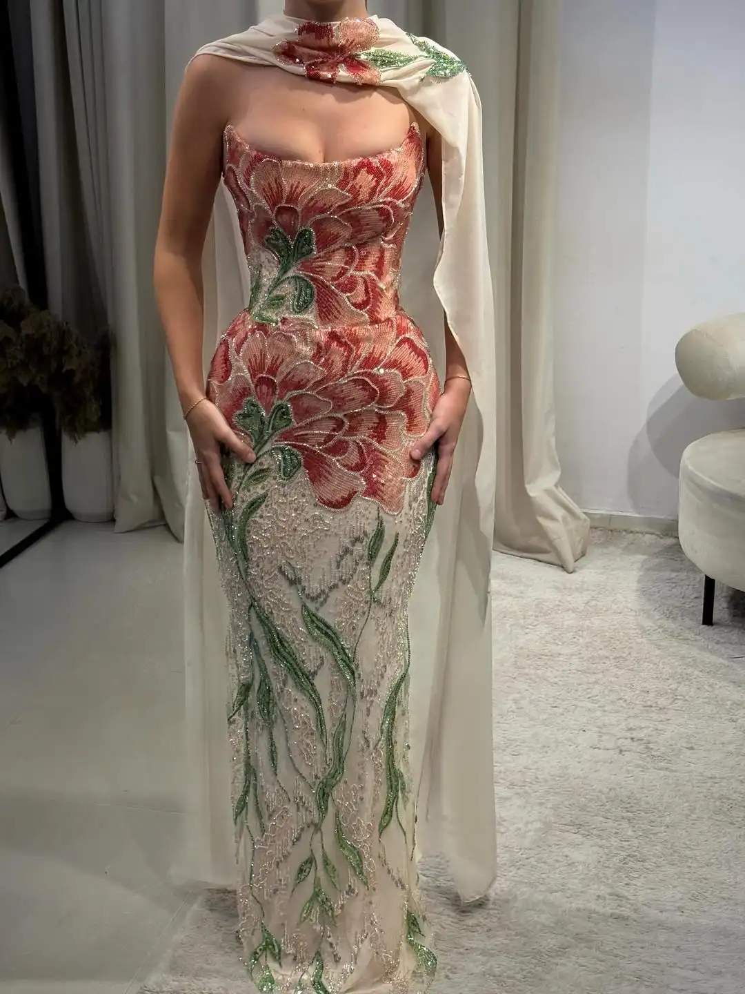 

Роскошная Саудовская Русалка без бретелек с бисером и цветочными пайетками, накидка из оригинальной ткани, тюль длиной до пола, торжественное вечернее платье для выпускного вечера