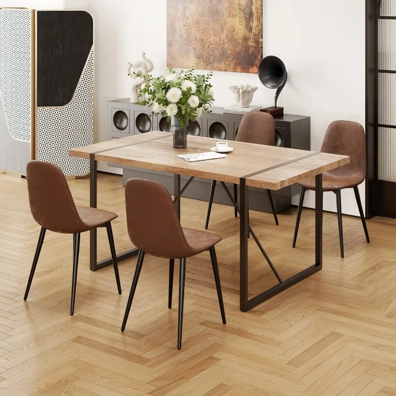 Kitchen Table Chairs Set of 4, Modern 55'' Dark Wood Dining Table and Fabric Dining Chairs Set of 4,Dining Table Set for 4,Ideal