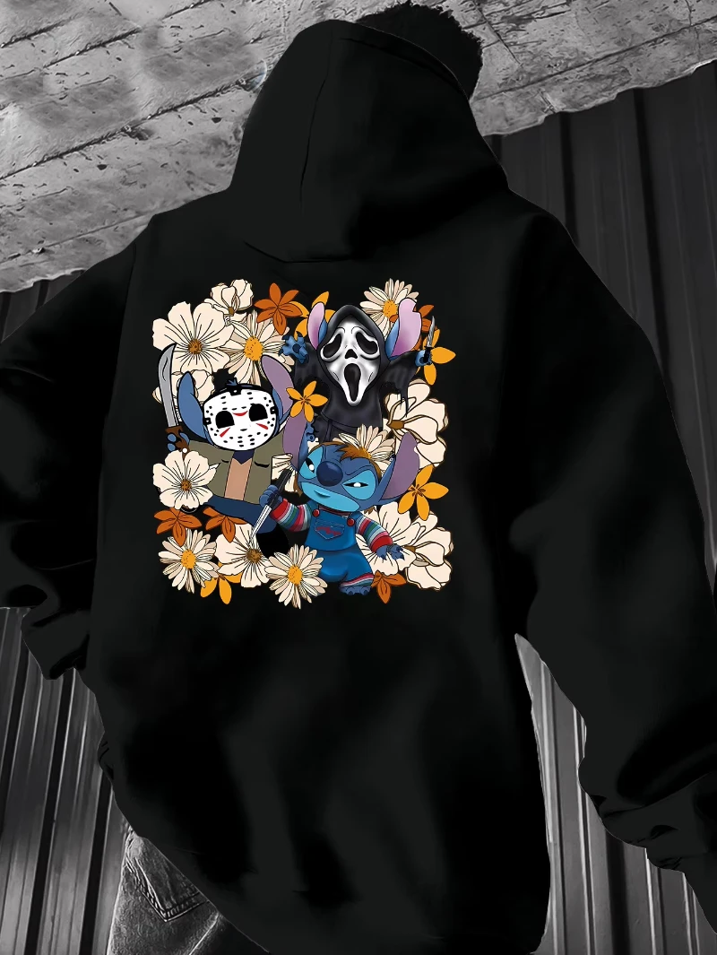 

Толстовка с капюшоном Disney Stitch & Scary Character на Хэллоуин, мужской свободный пуловер с длинными рукавами, модная толстовка с капюшоном, мужская одежда