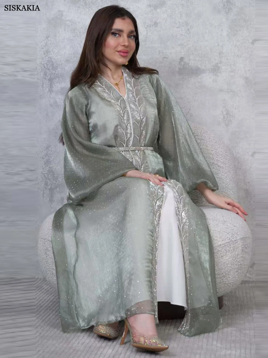 Siskakia Ramadan Muslim Embroidery Maxi Abaya Moroccan Puff Sleeve Kaftan Belt included Two Pieces Sequins Patchwork Dress