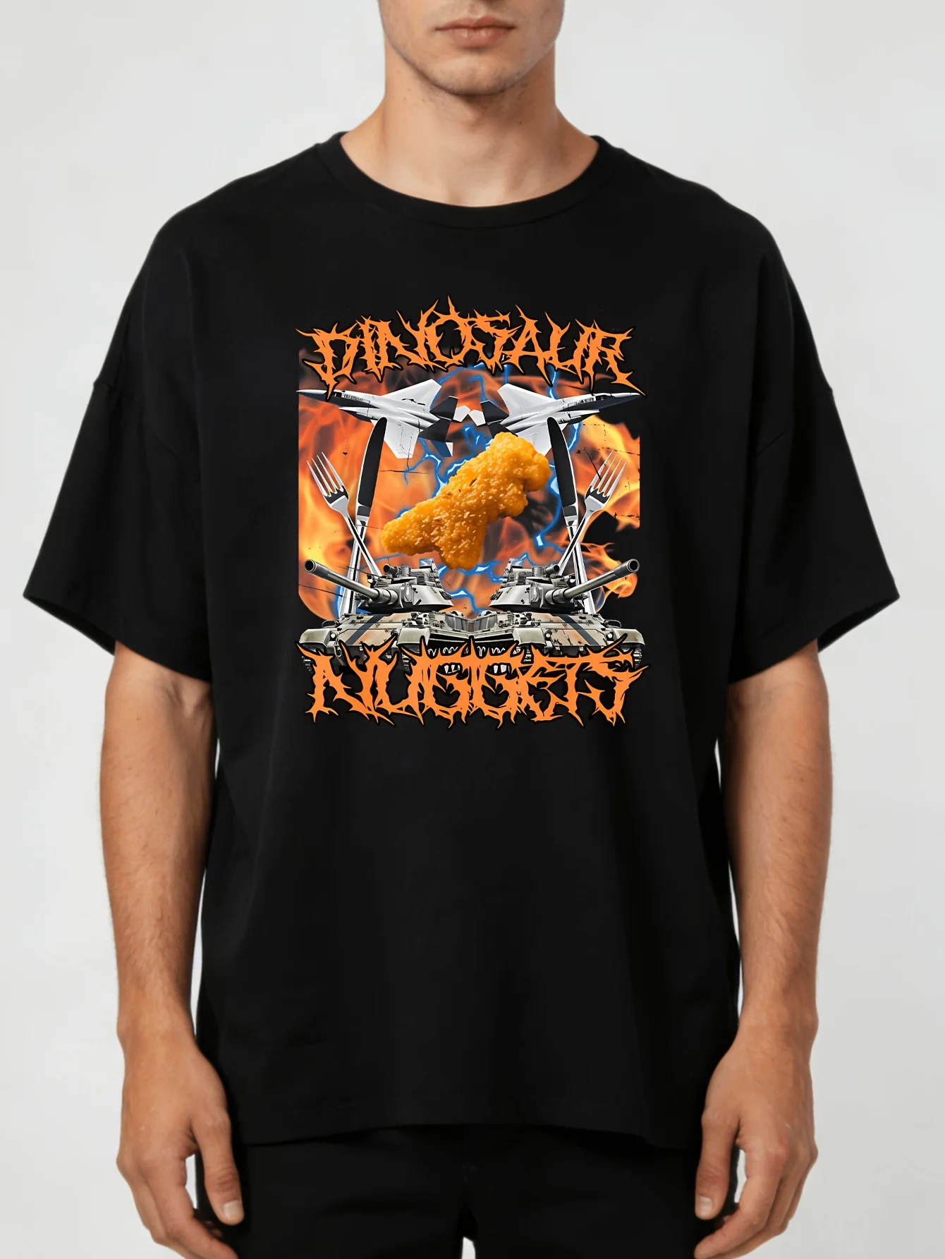 2026 Men's Dinosaur Chicken Nugget Pattern-Shirt- Funny Flame Design, Black Cotton Street Style Short Sleeve Casual Top