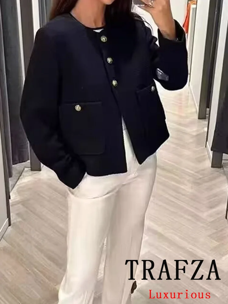 TRAFZA Vintage Casual Chic Women Jackets Solid O Neck Pockets Long Sleeve Coats New Fashion 2024 Spring Summer Jacket Outwear