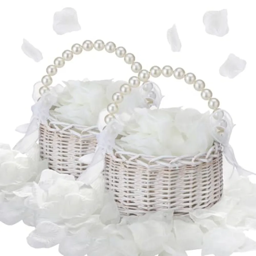 2 Pcs Wedding Flower Girl Basket with Pearl Handle, Handwoven Cute Small Flower Basket with Artificial Rose Petals for Wedding