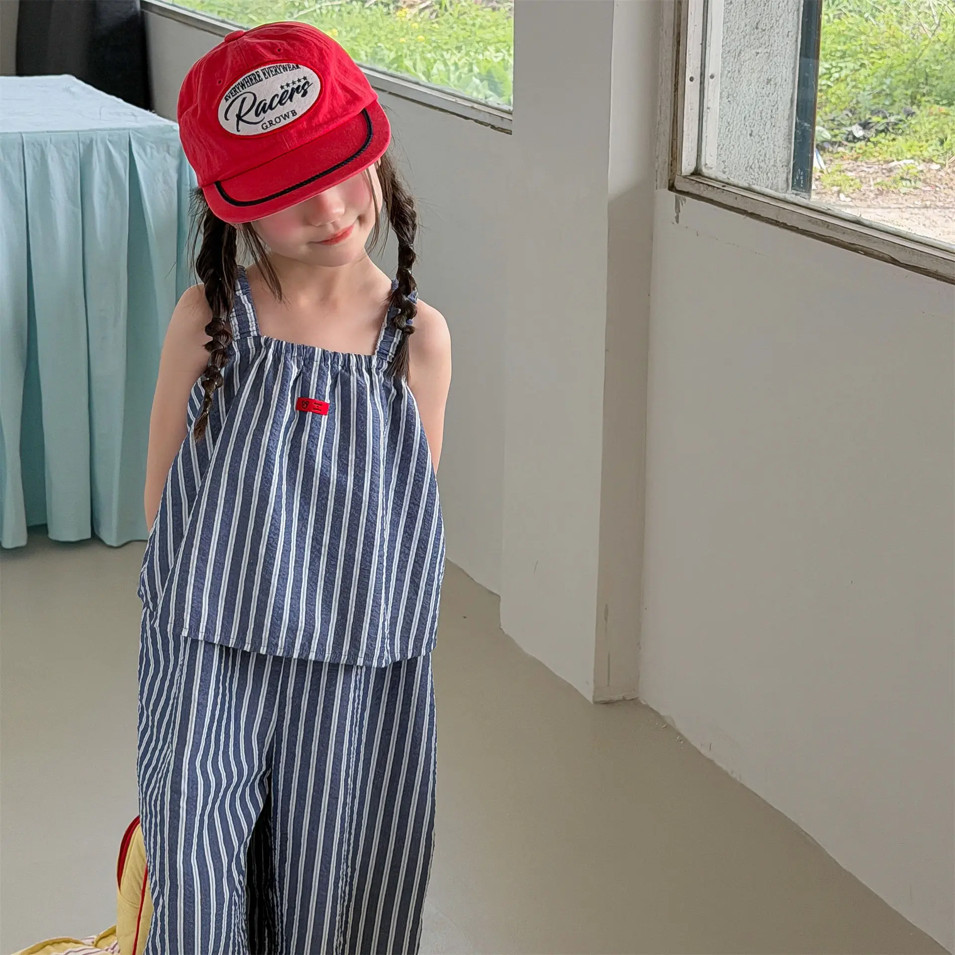 

2026 Summer New Girls Sling Jumpsuit Cotton Children Fashion Striped Overalls Kids Loose Casual Wide Leg Pants Toddler Clothes
