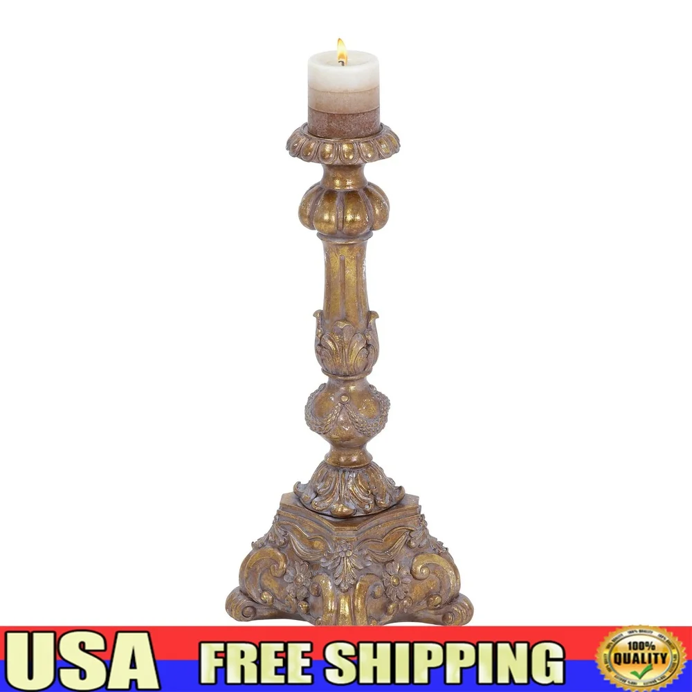 

Gold Tall Standing Candle Holder Floral Design Polystone Centerpiece Rustic Decorative Home Decor Tabletop Accessory Votive