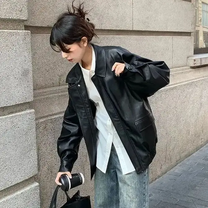 Leather Jacket Vintage PU Leather Jacket Women High Street Oversized Moto Biker Coats BF Punk Loose Casual Cropped Outerwear