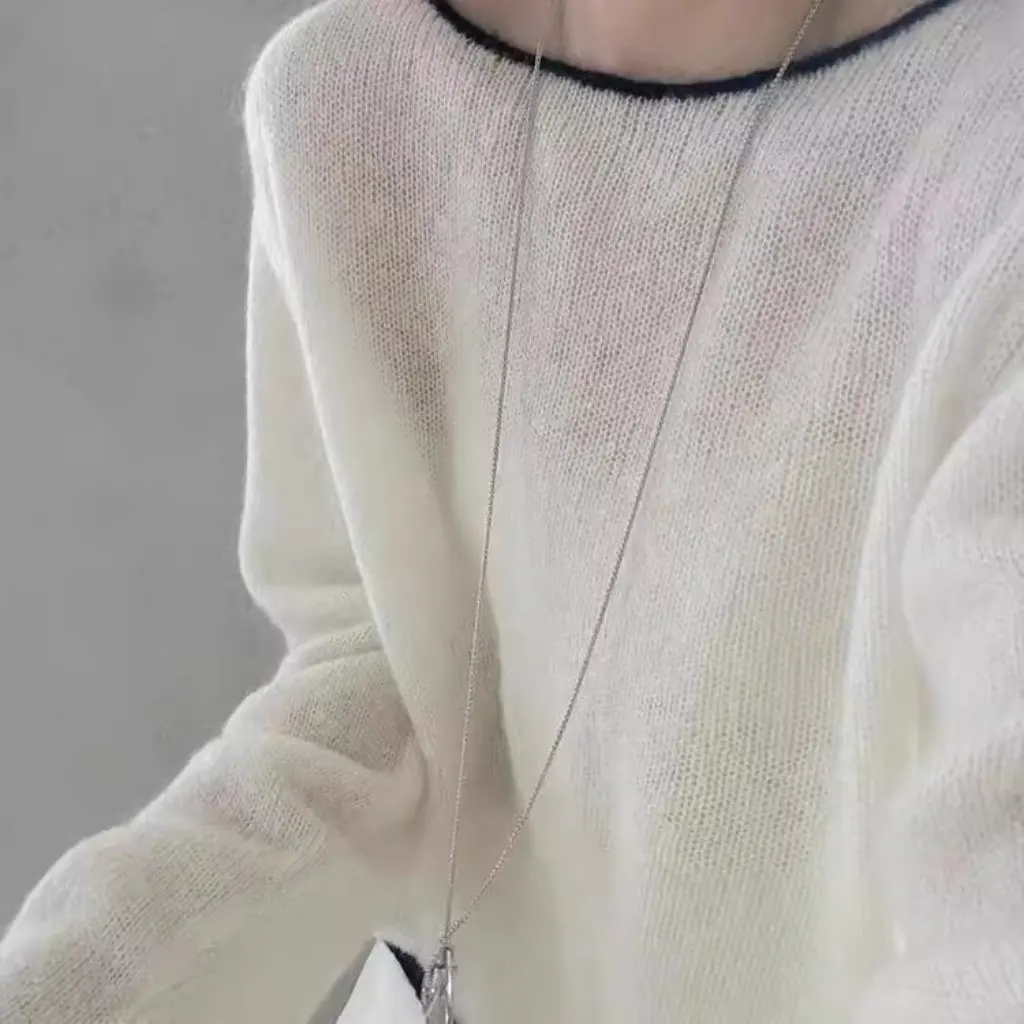 

Women's French Style White Off-Collar Soft Mauhair Pullover Sweater Chic Gentle Contrast round Neck Loose Fit