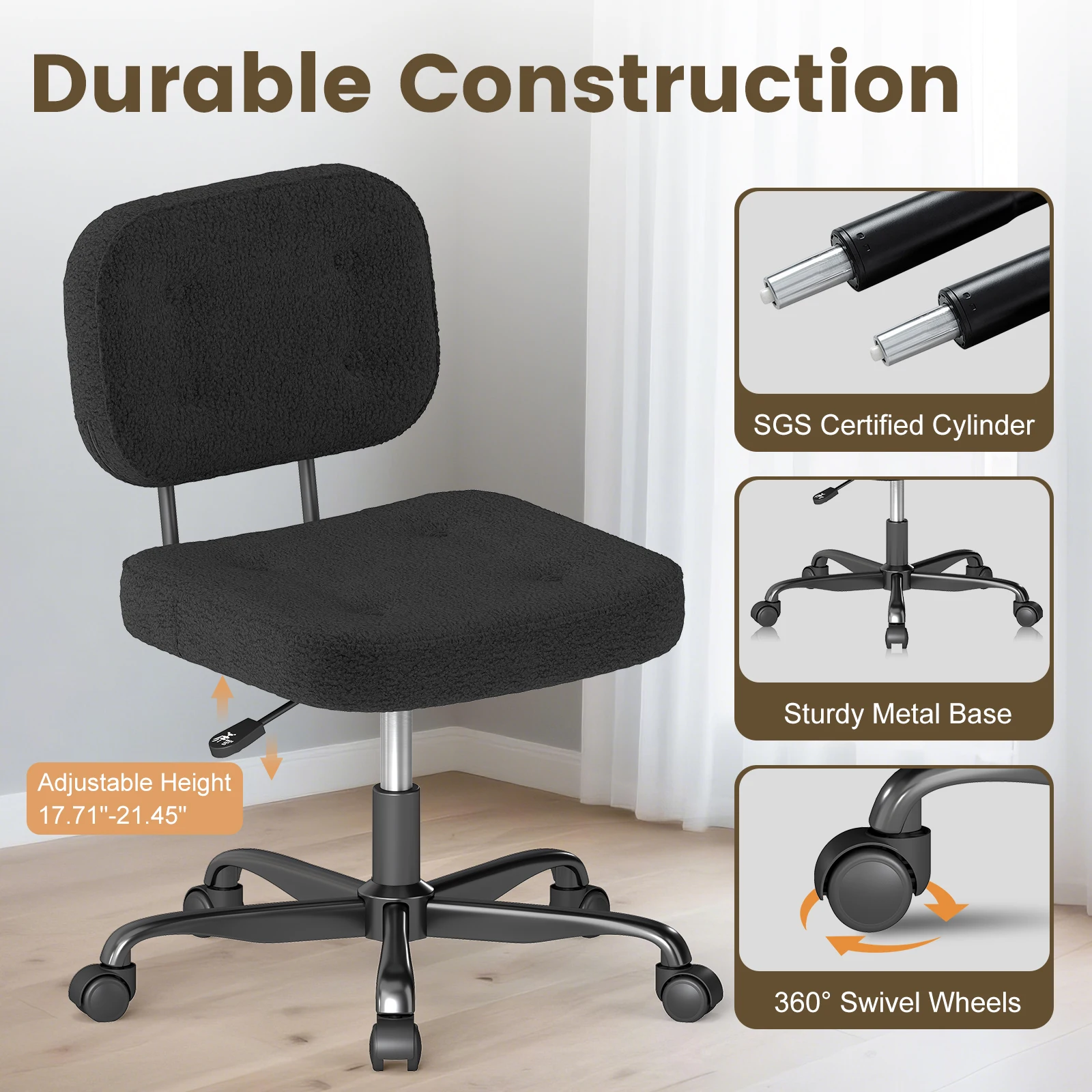 Cadeira de escritório sem braços com assento largo, cadeira de mesa para computador doméstico, almofada espessada, couro pu, giratória, estofada