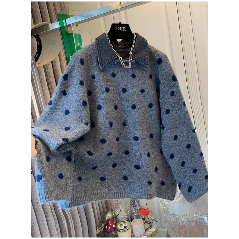 

Мужской свитер оверсайз с воротником из денима и вставками в стиле пэчворк, в горошек, трикотажный, повседневный, осенне-зимний, новый, свободного кроя, с длинными рукавами