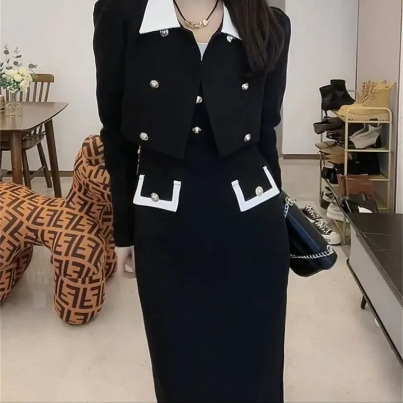 Dress Set Women's Short Double Breasted Jacket Vest Hip Hugging Dress Two-piece Set