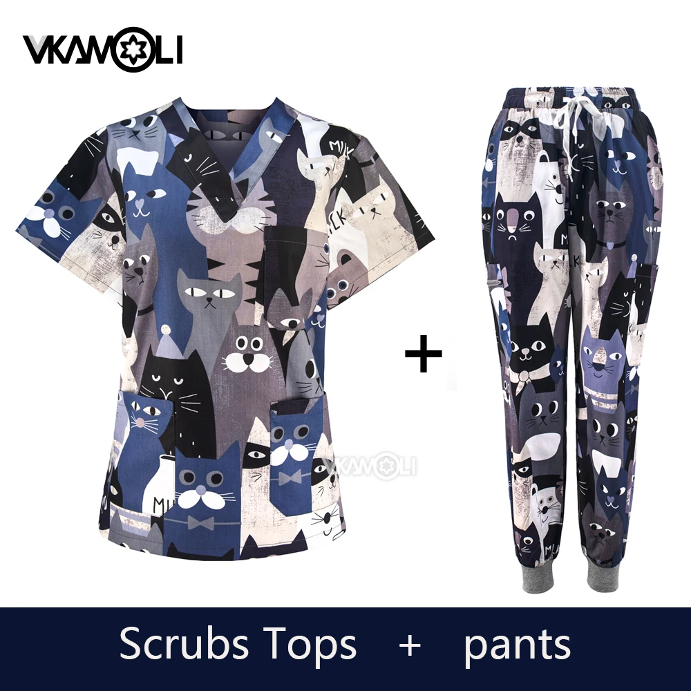 Cat print Pet hospital clinic Dentist lab medical nurse Surgical working Short sleeve Scrub tops +Jogger Pants Doctor uniforms