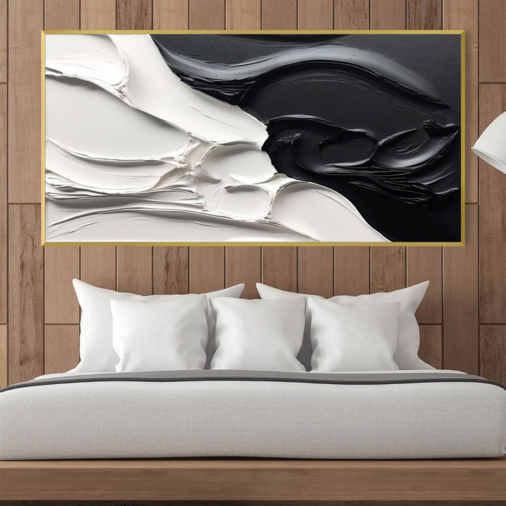 Hand Painted Oil Painting White 3D texture wall art Black 3D texture painting Large black and white texture abstract painting