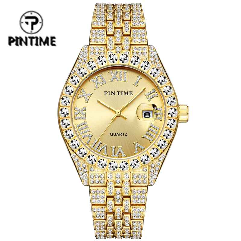 

PINTIME Iced Out Quartz Watch for Men Women Unisex Luxury Diamond Hip Hop Rhinestone Sliver Watch Wristwatch Male Female Clock