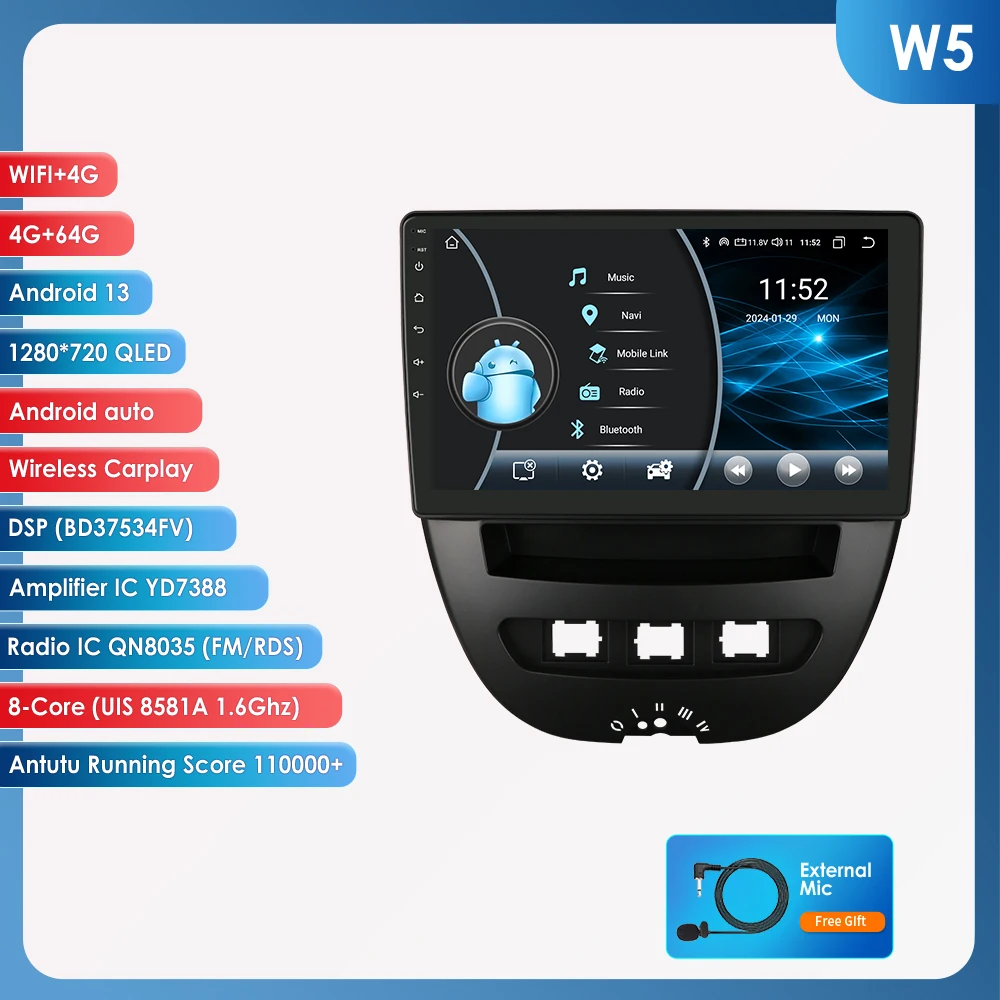Hizpo Autoradio voor Peugeot 107 2005-2014 Citroen C1 Toyota Aygo Audio Multimedia Speler CarPlay Android Auto GPS WIFI Autoradio