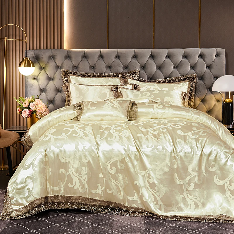

Элитный комплект постельного белья из жаккардового сатина в стиле барокко с кружевной отделкой, пододеяльник размера King/Queen для домашнего декора, 2 наволочки