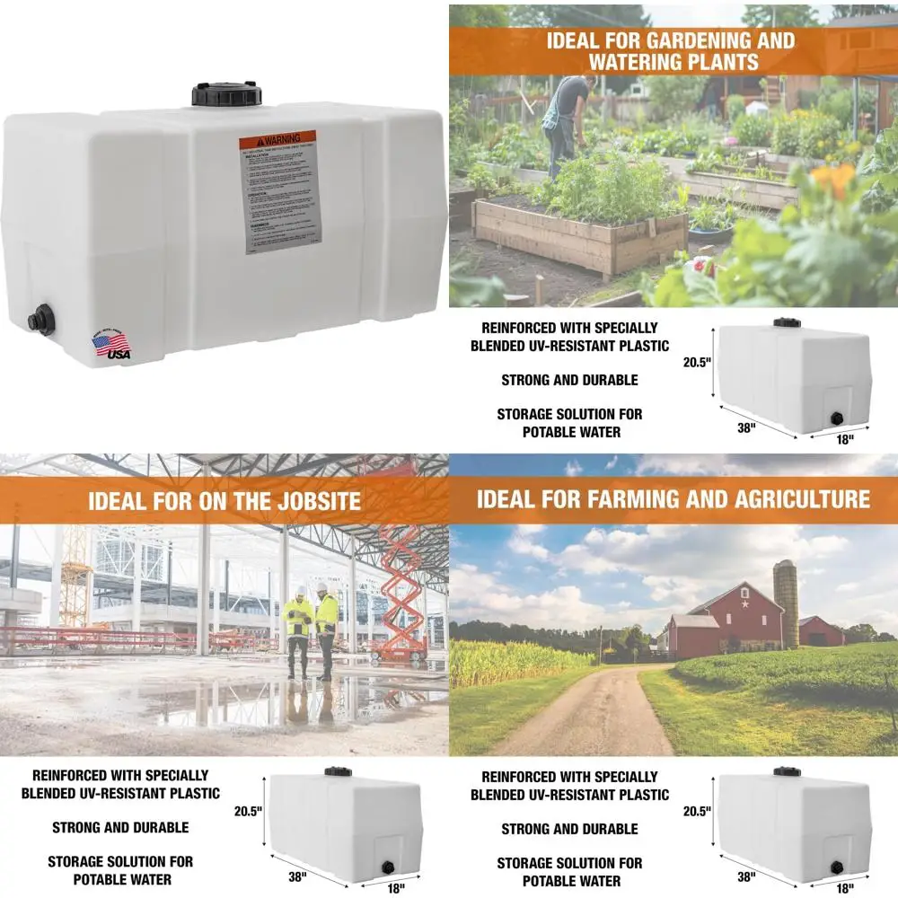 RomoTech 82123919 Tanque de agua con depósito cuadrado horizontal, 50 galones, fabricado en EE. UU., tanque de polietileno natural para líquidos no inflamables, U