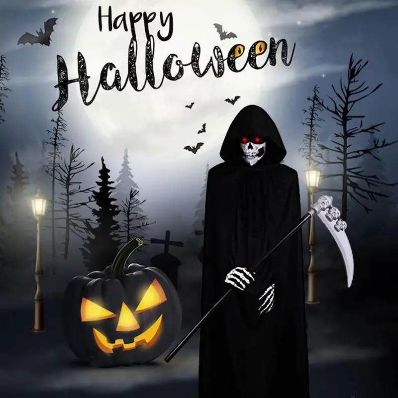 Traje de Halloween Grim Reaper para crianças, Manto encapuzado, Luvas esqueleto aranha, Olhos vermelhos brilhantes