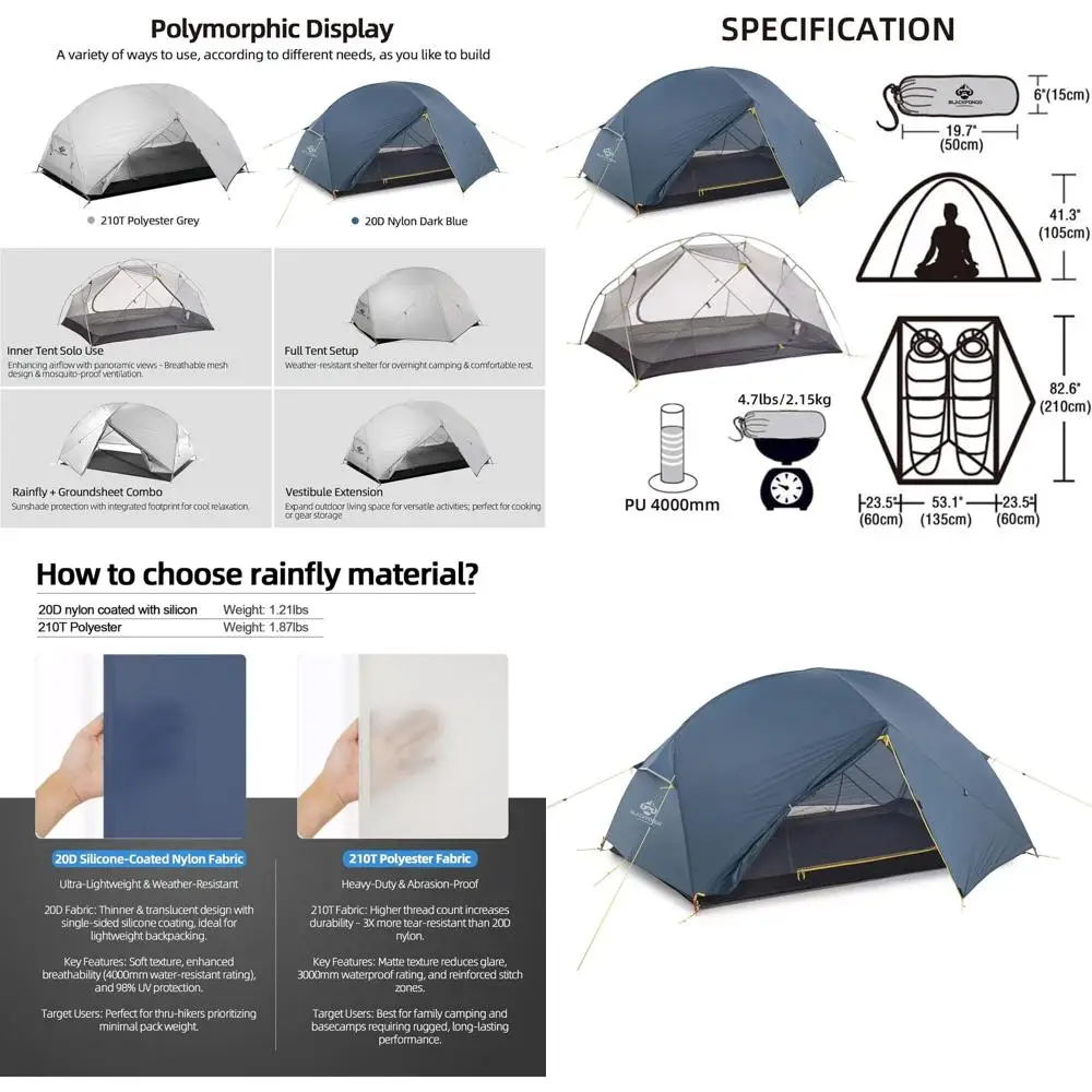 

Ультралегкая двухместная палатка для походов, водонепроницаемая, с двумя тамбурами, сеткой, быстрая установка для пеших прогулок/кемпинга