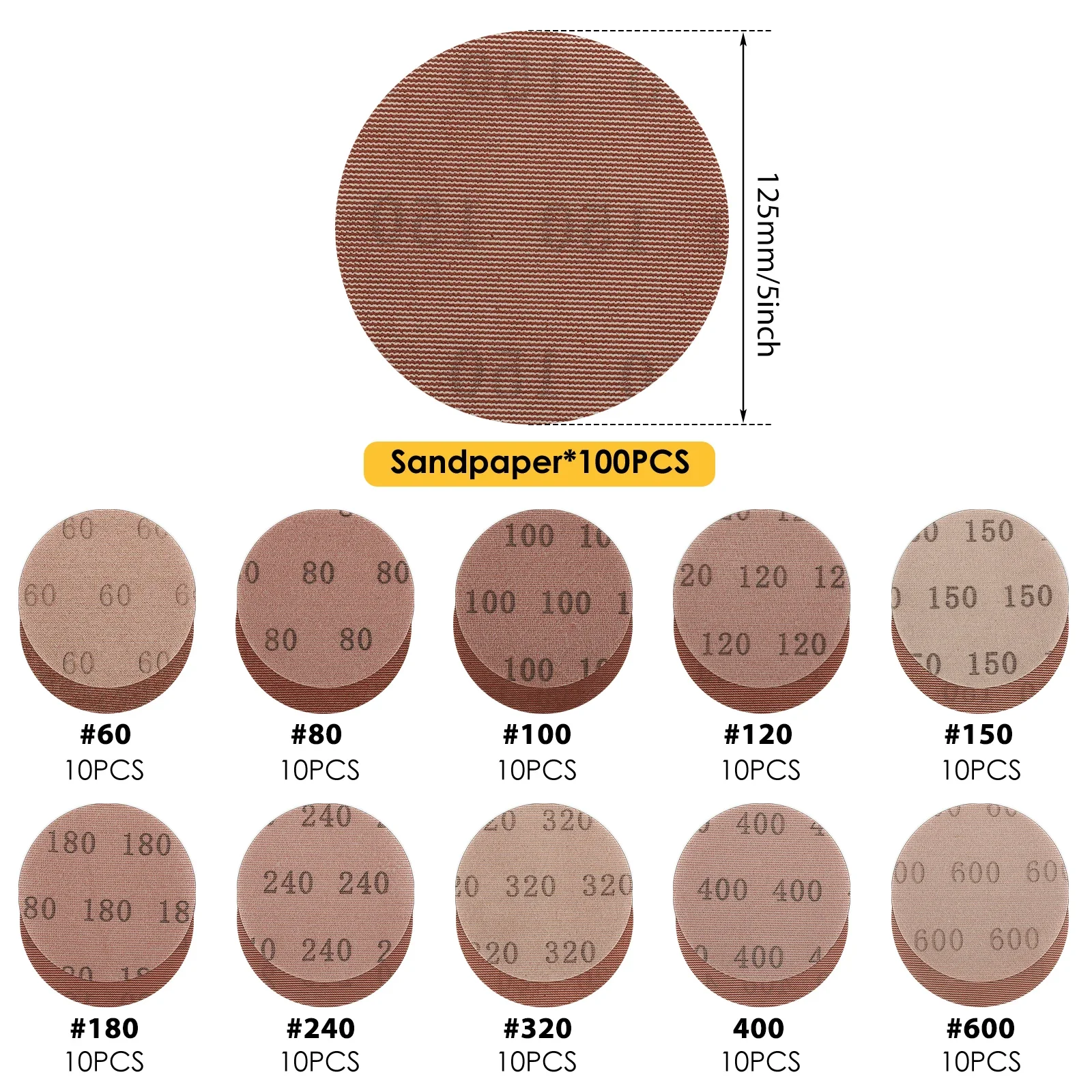 100Pcs 5 Inch 125mm Mesh Sanding Discs Dust Free Hook and Loop Abrasive Sandpaper 60 to 600 Grit for Orbital Sander Wood Metal