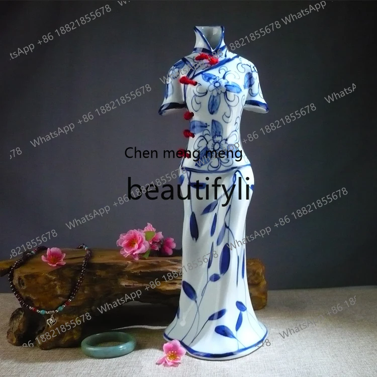

Керамическая сине-белая бутылка ручной работы Cheongsam для гостиной, спальни, дома, рабочего стола, ретро, высококачественное декоративное украшение