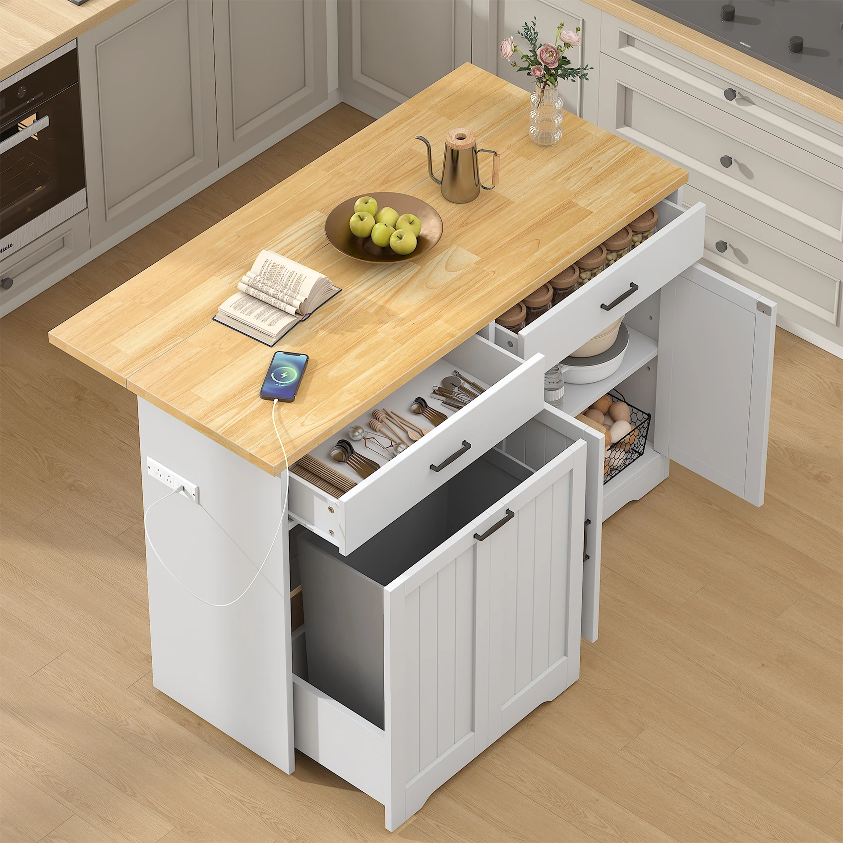 

BIGBIGLIFE Kitchen Island with Drop Leaf, Electrical Outlet & LED Lighting, Stable Base with Hidden Wheels