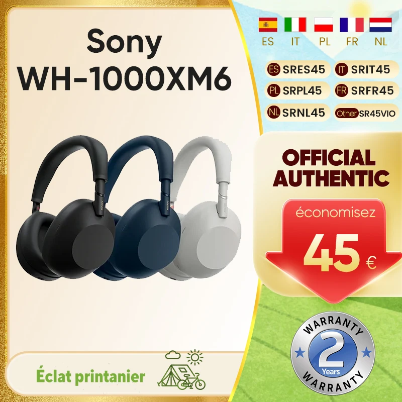 Casque sans fil à réduction de bruit Sony WH-1000XM6 original, double cœur, ultra haut de gamme, bandeau noir, 30 heures d'autonomie