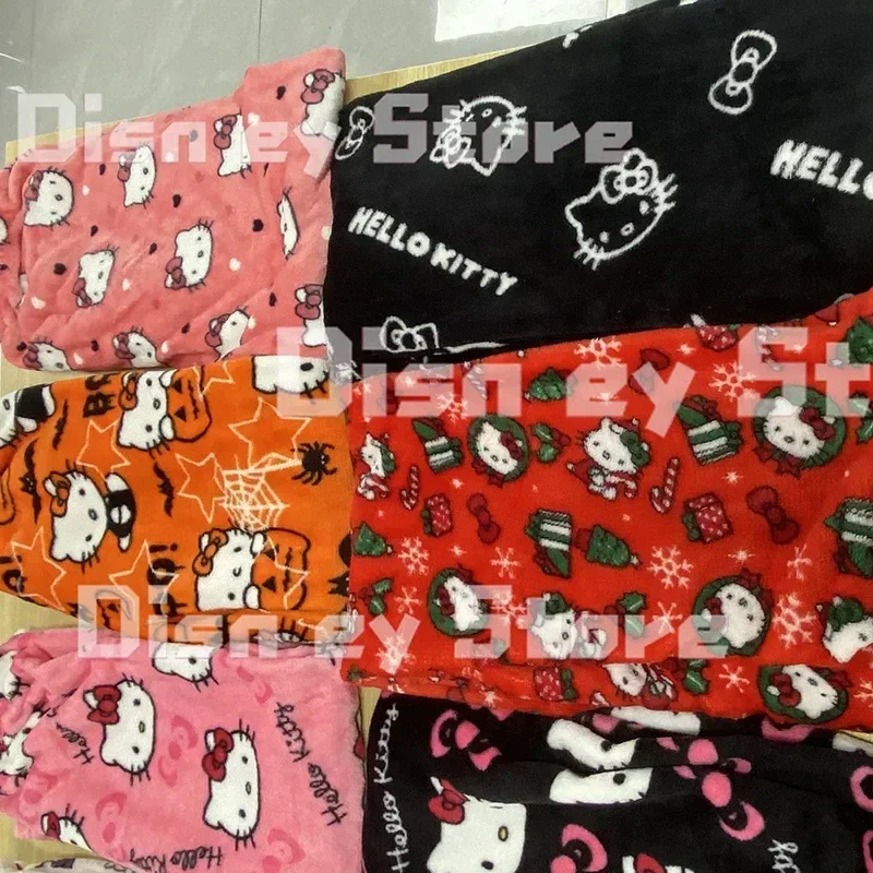 Sanrio Halloween Xmas Cartoon Hello Kitty Flannel Pajamas Women Kawaii Autumn Winter Plus Velvet Warm Casual Home Graffiti Pants