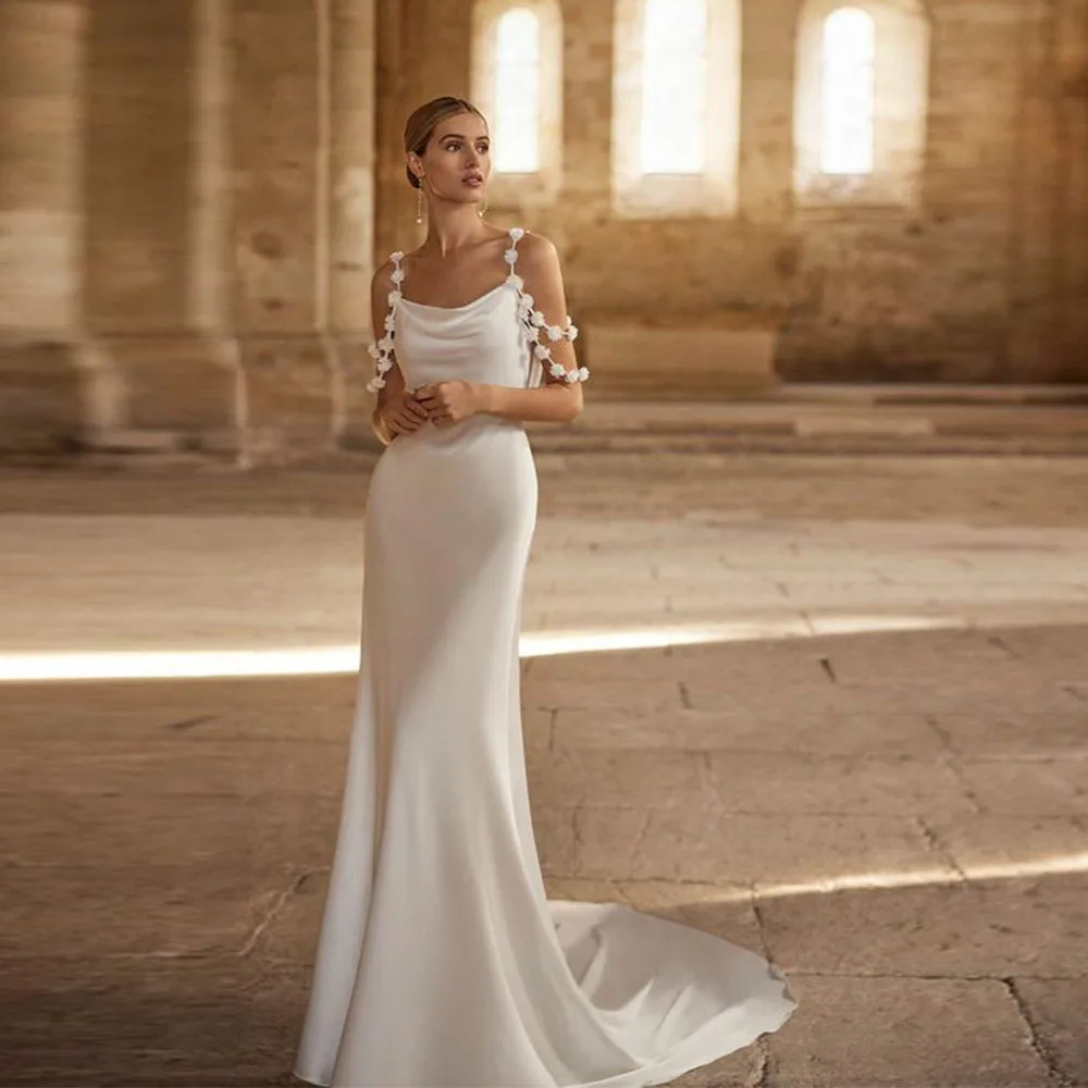 Customized Simple Vestido De Novia Corte Sirena Satin Wedding Dress Boat Neck Off The Shoulder With 3DFlowers Mermaid Train 2025