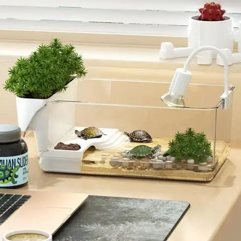 Desktop Acrylic Turtle Tank with Basking Dock & Planter, Dual-Use Eco Aquarium for Small Turtles