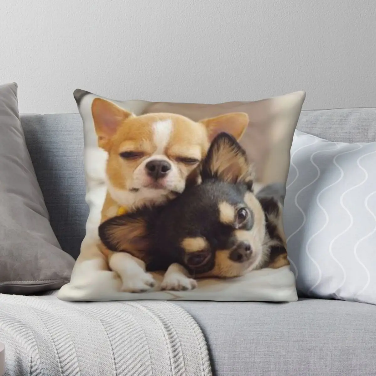 Two Cute Chihuahua Puppies Pillowcase Polyester Linen Velvet Pattern Zip Decor Bed Cushion Cover Wholesale