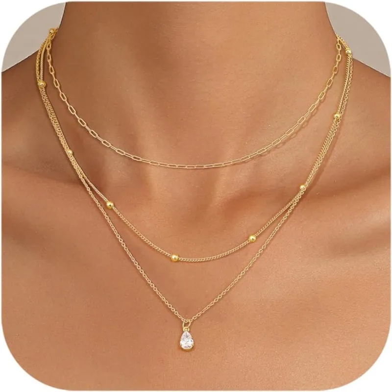 Dreilagige Goldhalskette für Damen, wasserdicht, 14 Karat vergoldet, Edelstahl, tropfenförmige Kristall-Halskette, Satck-Schmuckset