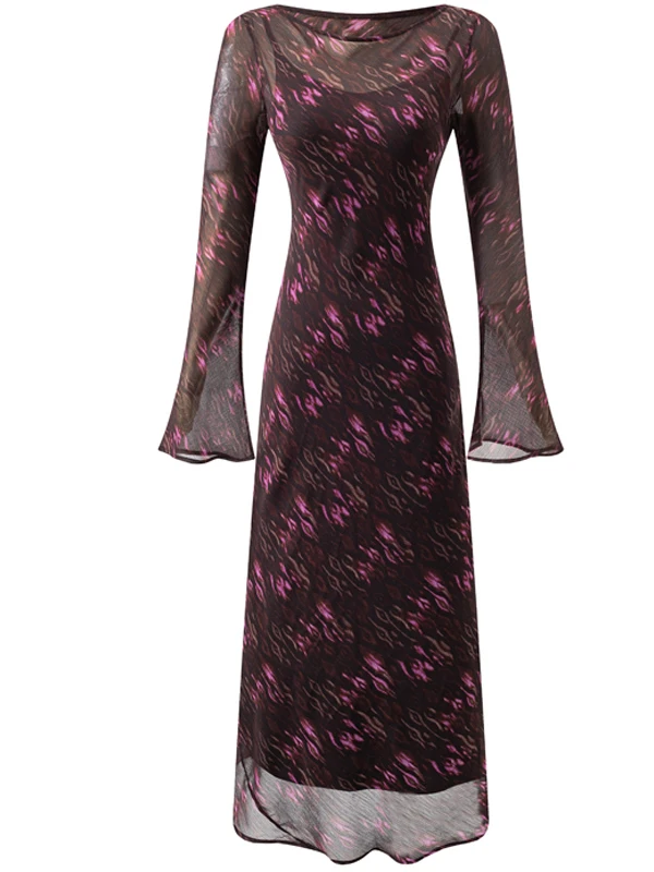 Sukienka damska w stylu retro z kwiatowym wzorem, asymetryczna, długa, z okrągłym dekoltem, dopasowana, francuska elegancja, poliester, odzież codzienna.