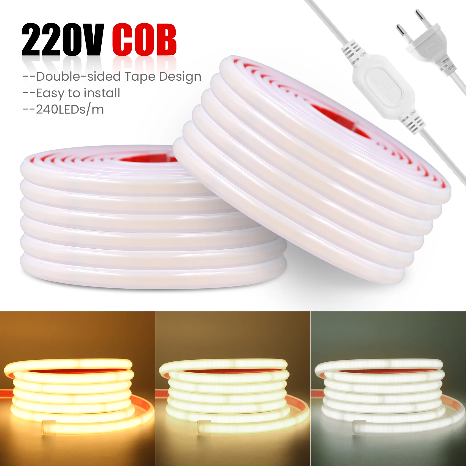 COB LED Strip AC 220V Waterproof 240Leds/m 10CM Cuttable 3000K 4000K 6000K Flexible Ribbon Tape Light