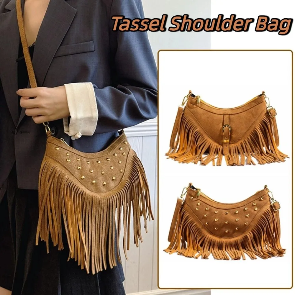 

Korean Style Tassel Shoulder Bag Rivet PU Leather Suede Crossbody Bag Large Capacity Bohemian Style Ethnic Style Handbag Travel